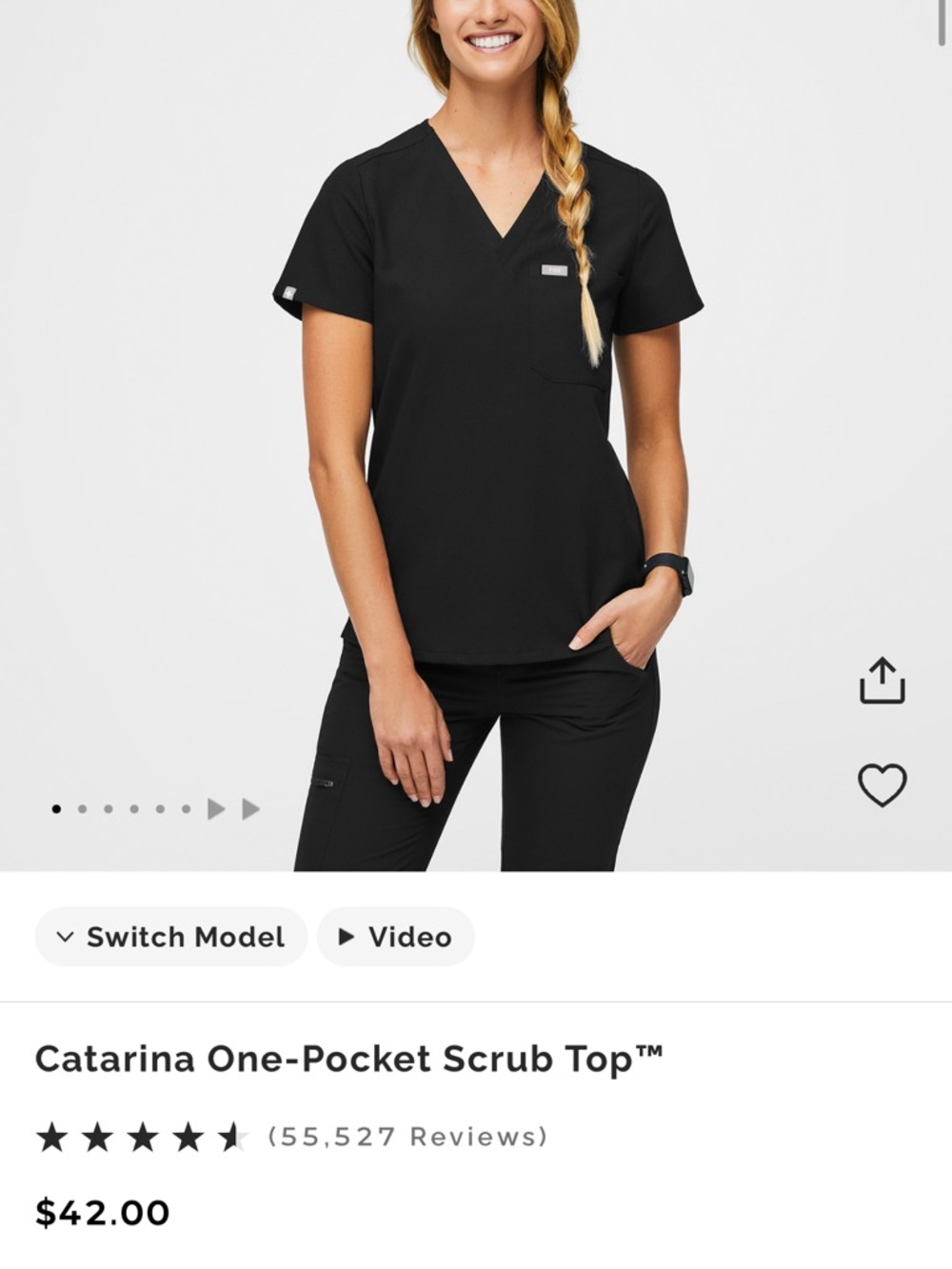 FIGS Black V-Neck Technical Scrub Top